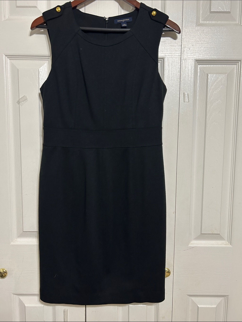 Banana Republic Black Sleeveless Sheath Dress with Gold Button Details